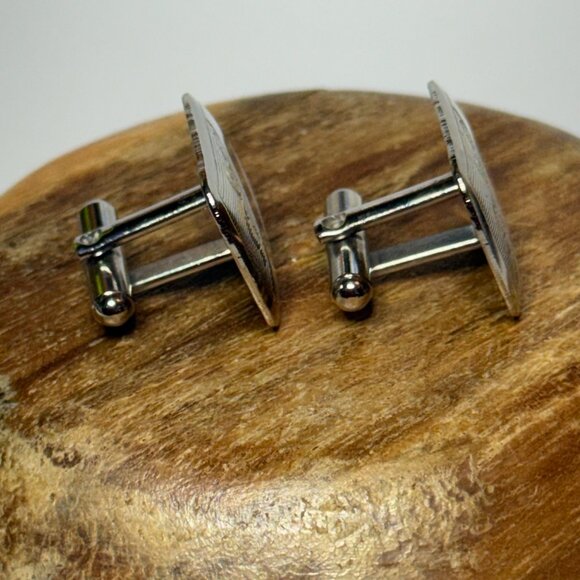 Vintage Silver-Tone Etched Cuff Links Rectangular Swirl - Picture 4 of 5